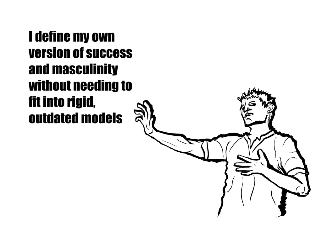 Black and white illustration of a person with an open hand and text about defining success and masculinity.