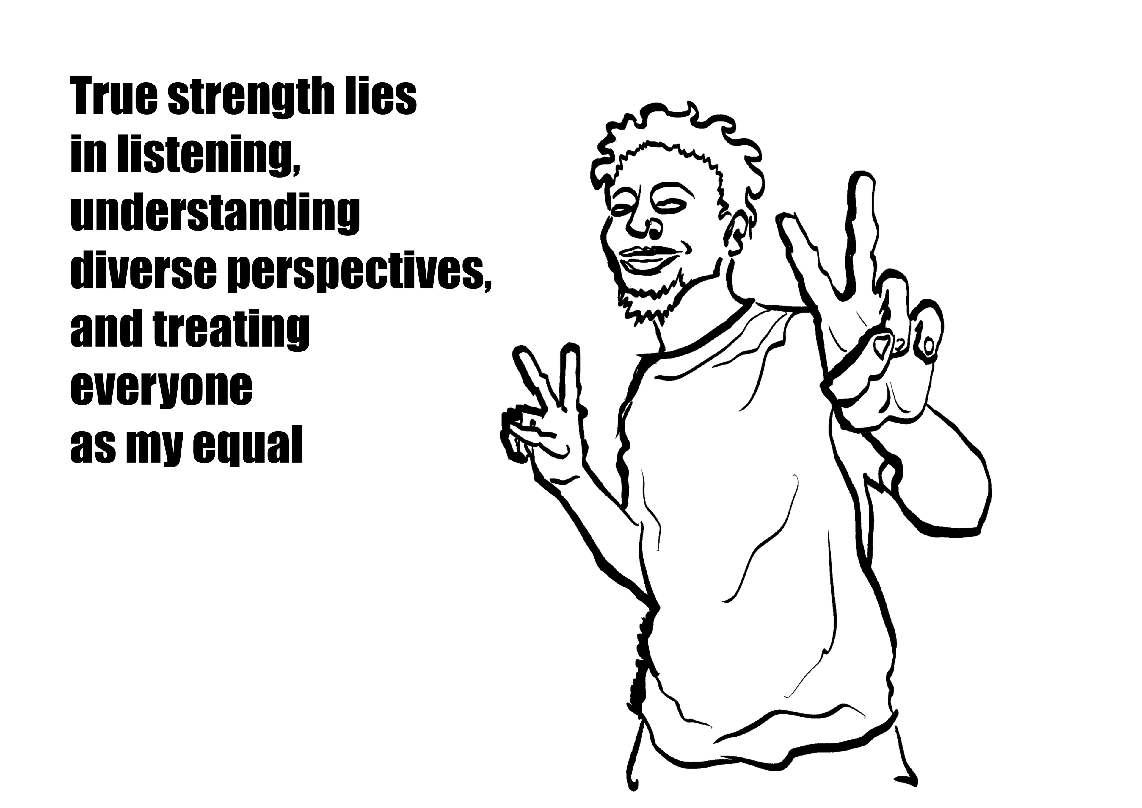 Black and white illustration of a person with text about true strength on a white background