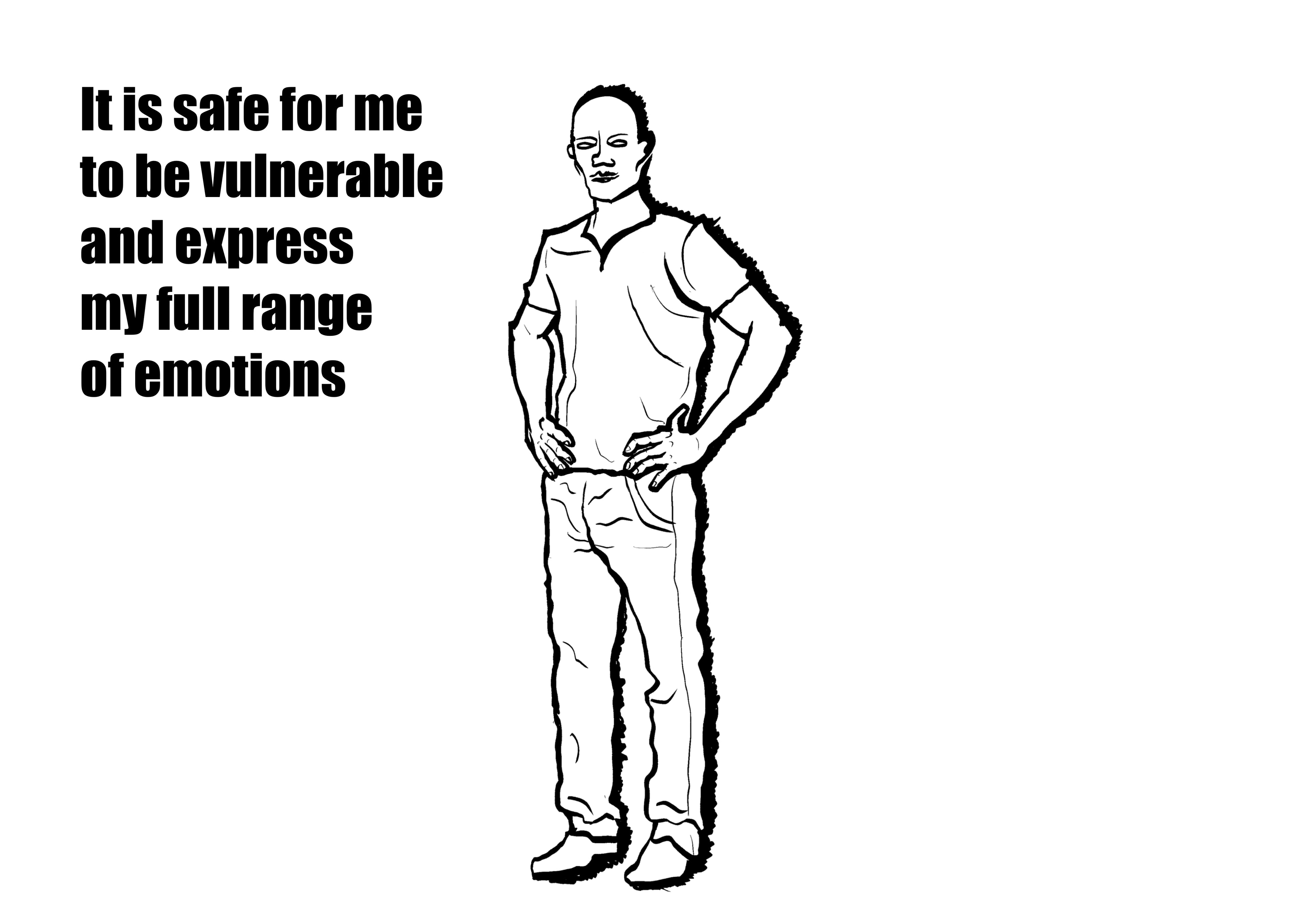 Black and white illustration of a person with text about vulnerability and emotions on a white background