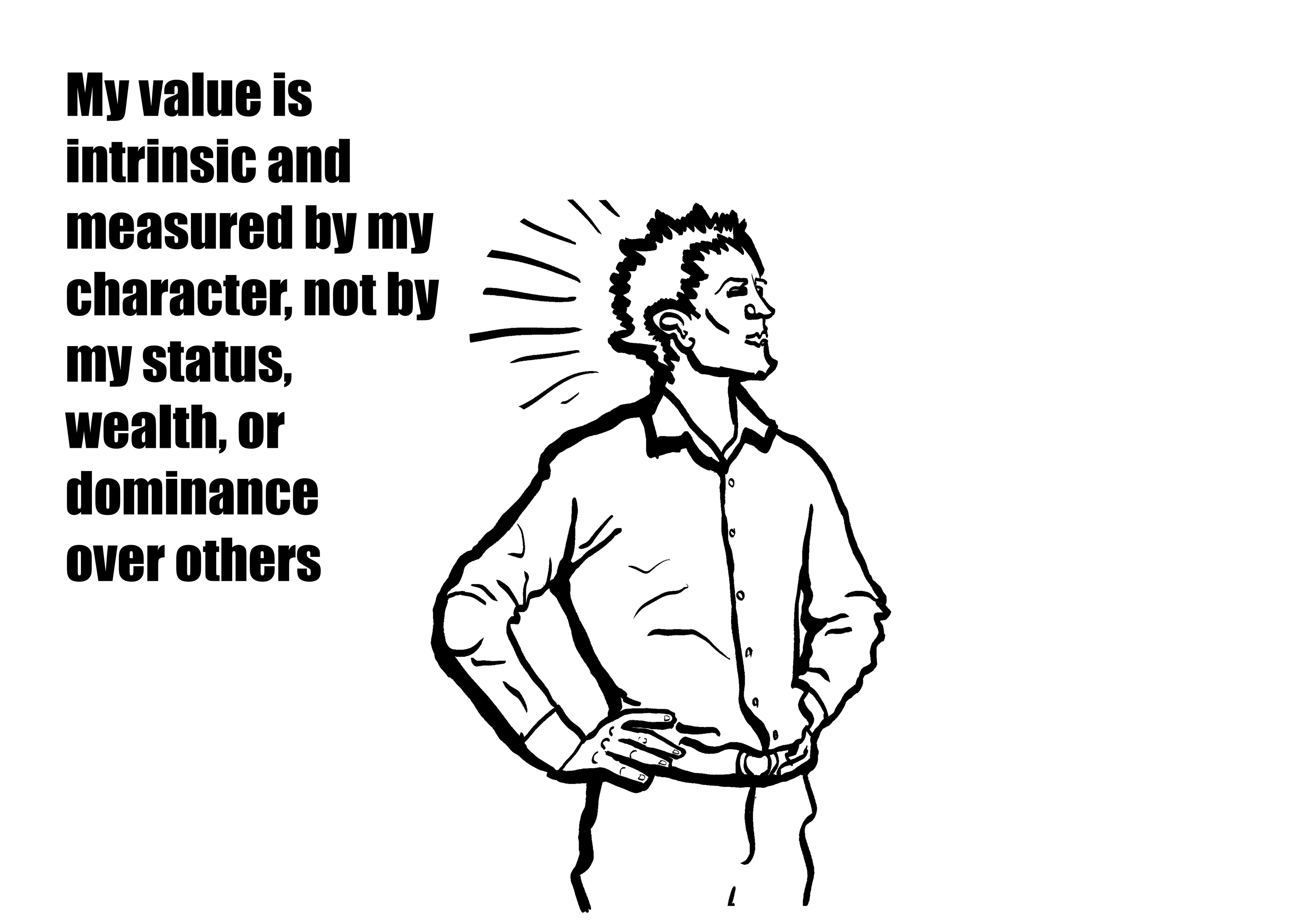 Black and white illustration of a person with text about intrinsic value and character.