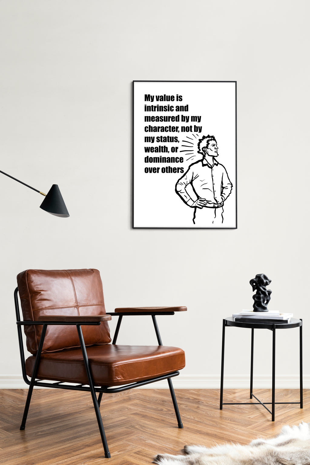 Living room with brown leather chair, side table, and motivational poster on the wall.
