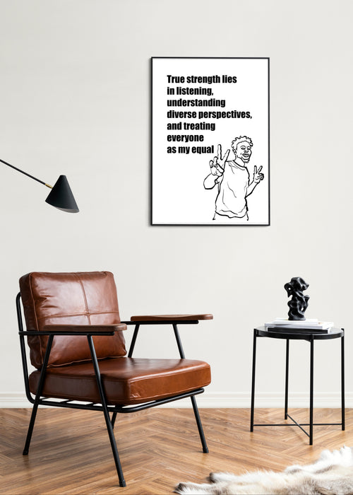 Living room with brown leather chair, side table, and framed quote on wall.